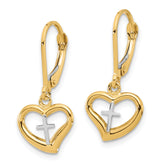 14K Two-tone Polished Cross in Heart Leverback Dangle Earrings